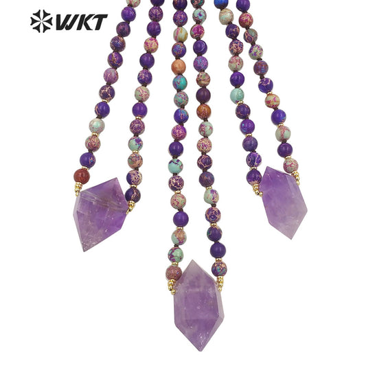WT-N1374 Charming Natural Amethyst Pendant Bohemia Bead Chain Colorful Jasper Bead Necklace Women Gifts Natural Crystal Necklace