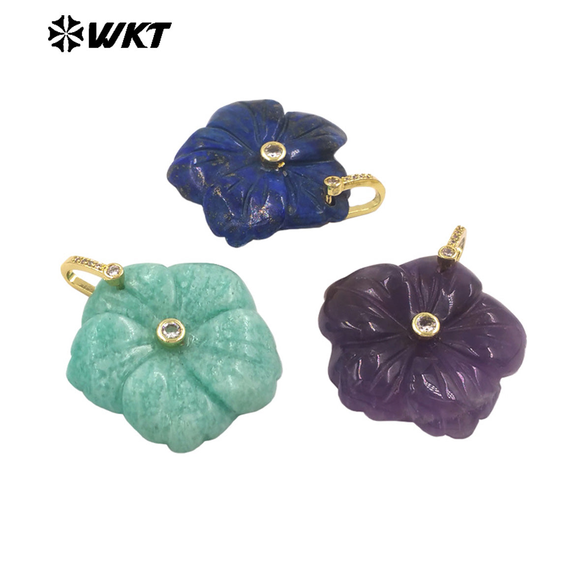 WT-P2029 Delicate Fashion Zircon And Natural Gemstones Hand Carved Lovely Flower Shape Pendant For Ladies Jewelry Making