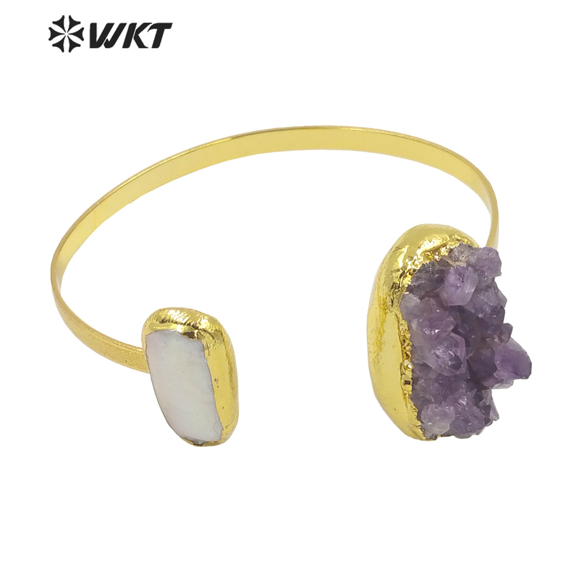 WT-B582 WKT Beautiful and Attractive Gold Electroplated Open Size Cuff Bangle Women Exquisite Natural Gemstone Amethyst Bangle