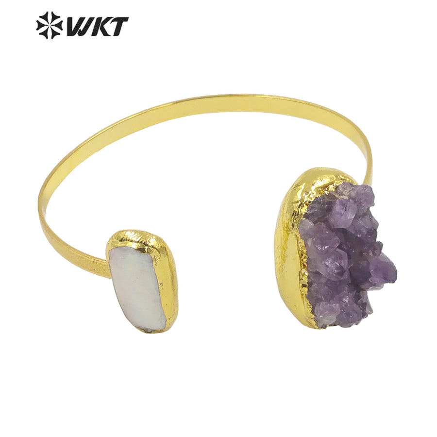 WT-B582 WKT Beautiful and Attractive Gold Electroplated Open Size Cuff Bangle Women Exquisite Natural Gemstone Amethyst Bangle