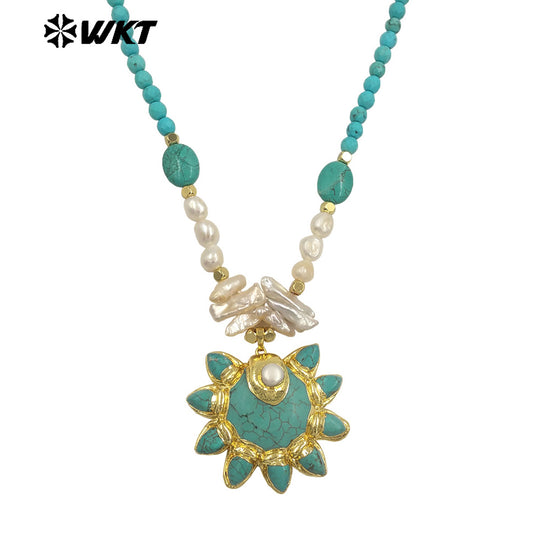 WT-JN371 Amazing Vintage Style Gold Plated Stone And Pearl Splicing Chain With Turquoise Pendant Necklace For Party Wearing