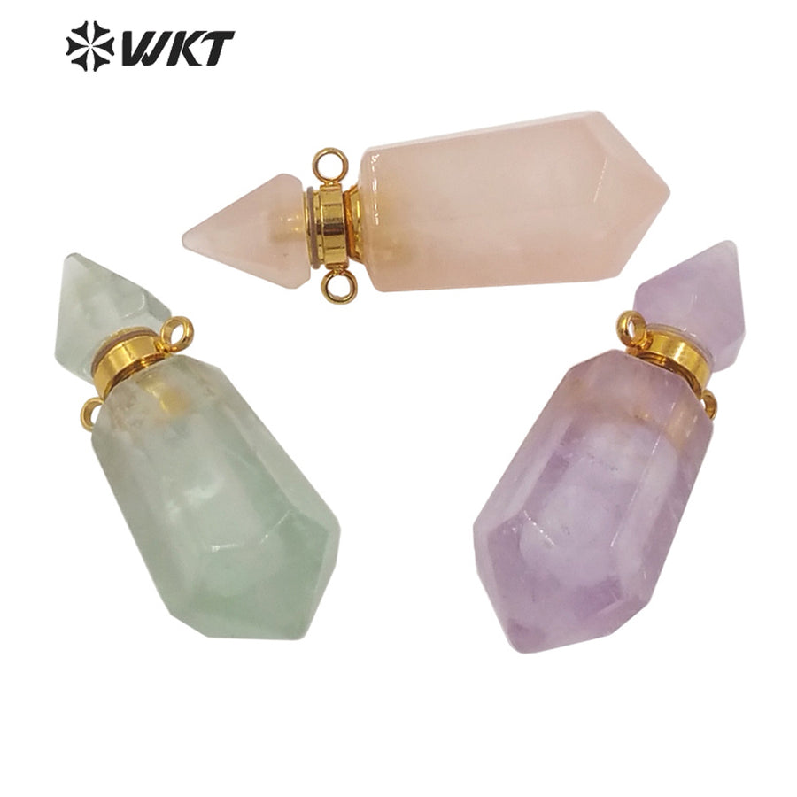 WT-P1638 Amazing Gold Natural Double Point Spirit Quartz Perfume Bottle Stone Pendant High Quality Jewelry Bottle Pendants