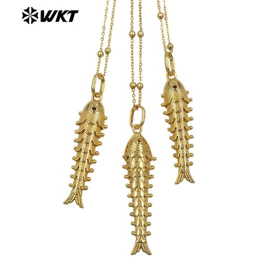 WT-N1515 Exquisite Thin Beads Chain Gold Electroplated Yellow Brass Fish Shape Pendant Necklace For Friends New Year Gift