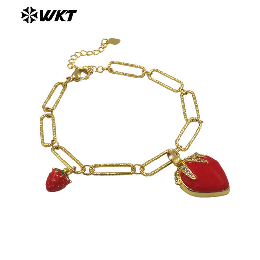 WT-JF366 High Quality Beautiful Ladies Double Strawberry Charms Gold Plated Rectangle Chain Bracelet Yellow Brass With Drop Oil