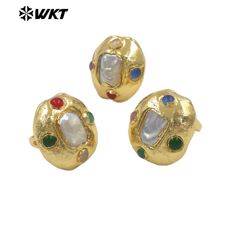 WT-MPR146 Wonderful Romantic Style 18K Gold Plated Natural Freshwater Pearl Multi Colors Rings For Ladies Daily Jewelry