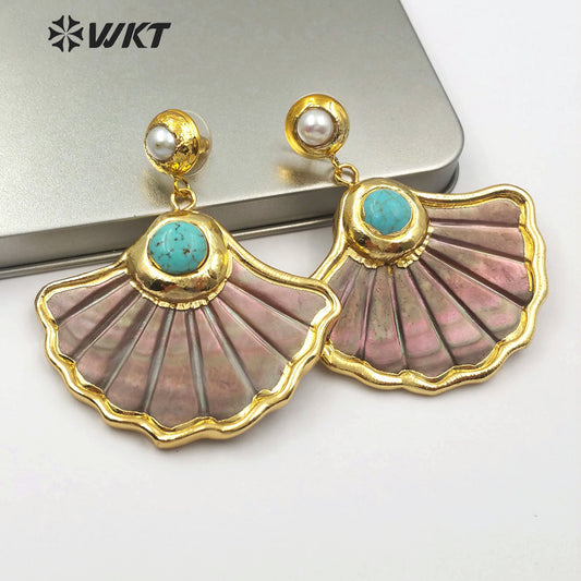 WT-E504 Amazing Big Punk Casual Style Natural Scallop Shape Shell Earrings 18k Real Gold Plated Shell with Turquoise Decorative