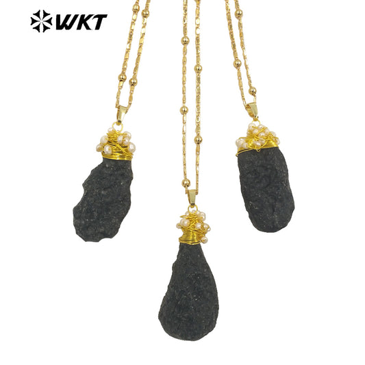 WT-N1426 Black Meteorite Necklace 20inch Long Boho Beads 18k Yellow Gold Beads Necklace Gemstone Casual Long Statement Necklace