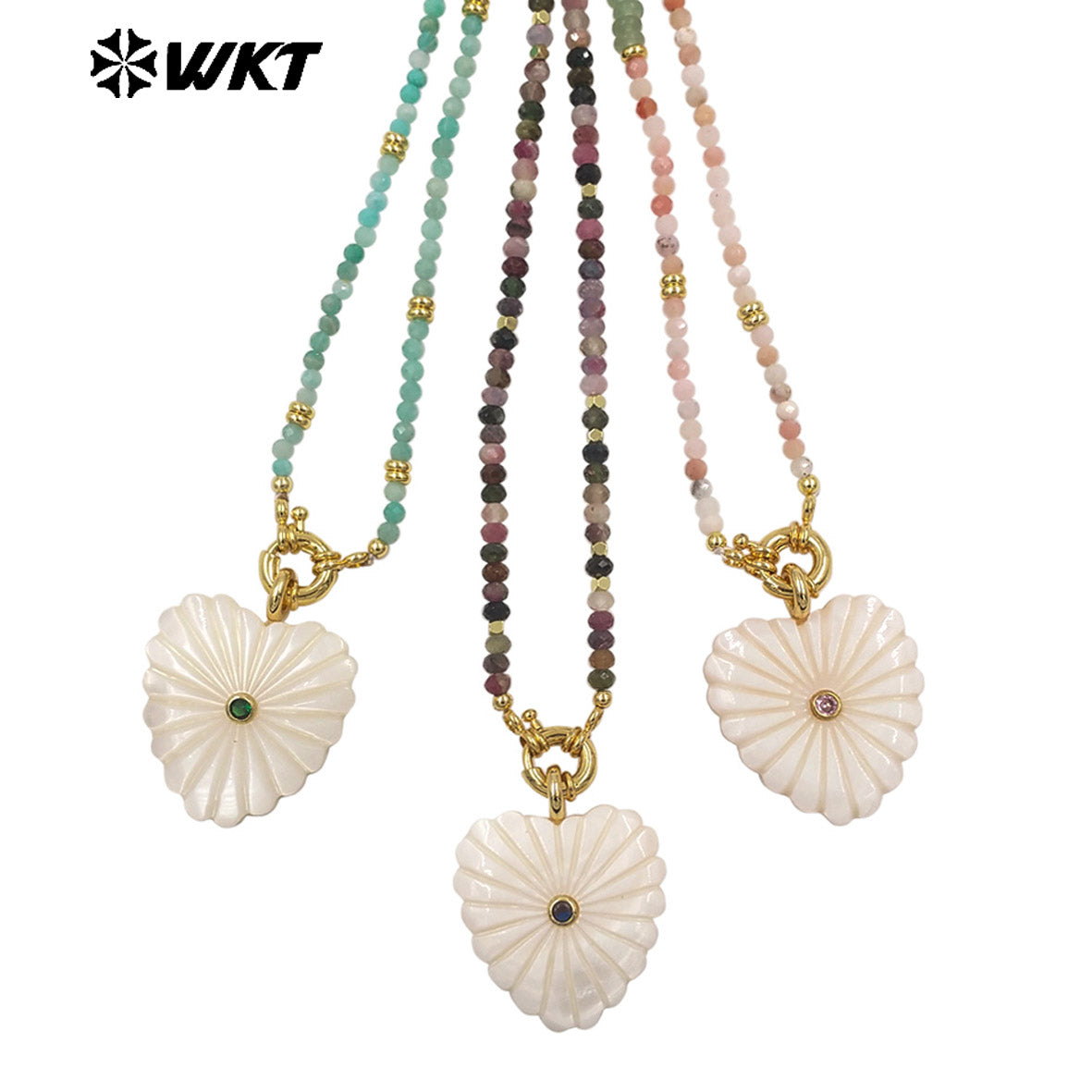 WT-JN404 Popular Fashion Style Natural Gemstone Beads Chain With White Shell Heart Pendants Necklaces For Girls Wearing