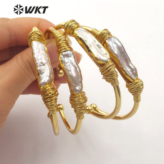 WT-B489 Natural Pearl Bangle Wire Wrapped Bangle Gold Bezel Irregular Pearl Bracelet Women Fashion Charm Bracelet Jewelry