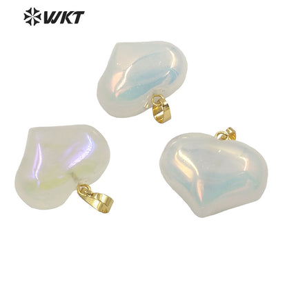 WT-P1707 Wholesale Fashion Gold Aura Crystal Quartz Heart Stone Pendant Simple Hoop Natural Flash rainbow Heart Pendant