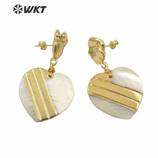 WT-MPE043 WKT Amazing Gold Electroplated Resist Tarnishable White Heart Shell Earrings Women Fashion Gold Wedding Earrings