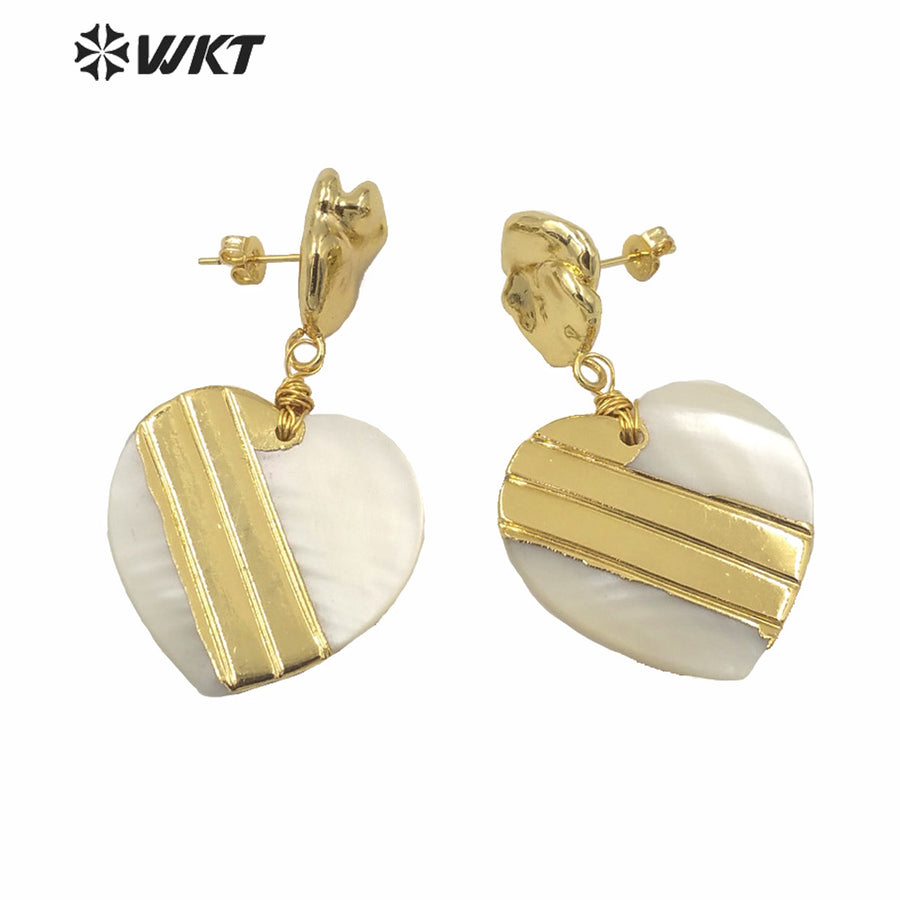 WT-MPE043 WKT Amazing Gold Electroplated Resist Tarnishable White Heart Shell Earrings Women Fashion Gold Wedding Earrings