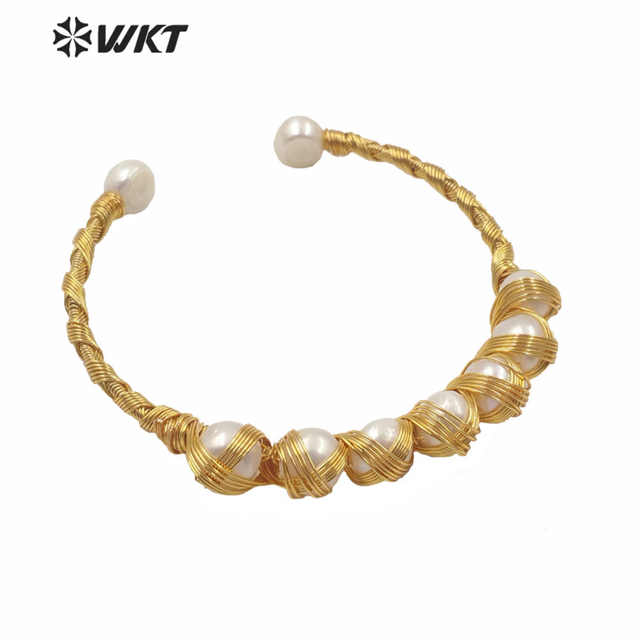 MPB011 Popular Gold Fashion Hand Make Wire Wrapped Pearl Bangle Bracelet Lady Gold Wrapped Pearl Cuff Bangle As Gift Jewelry