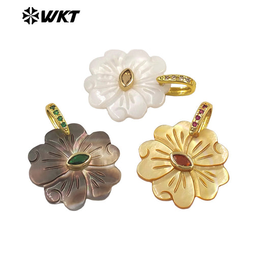 WT-JP485 Exquisite Corolful Zircon And White Shell Carved Flower Shape Gold Pendants For Lady Beautiful Earrings DIY Design
