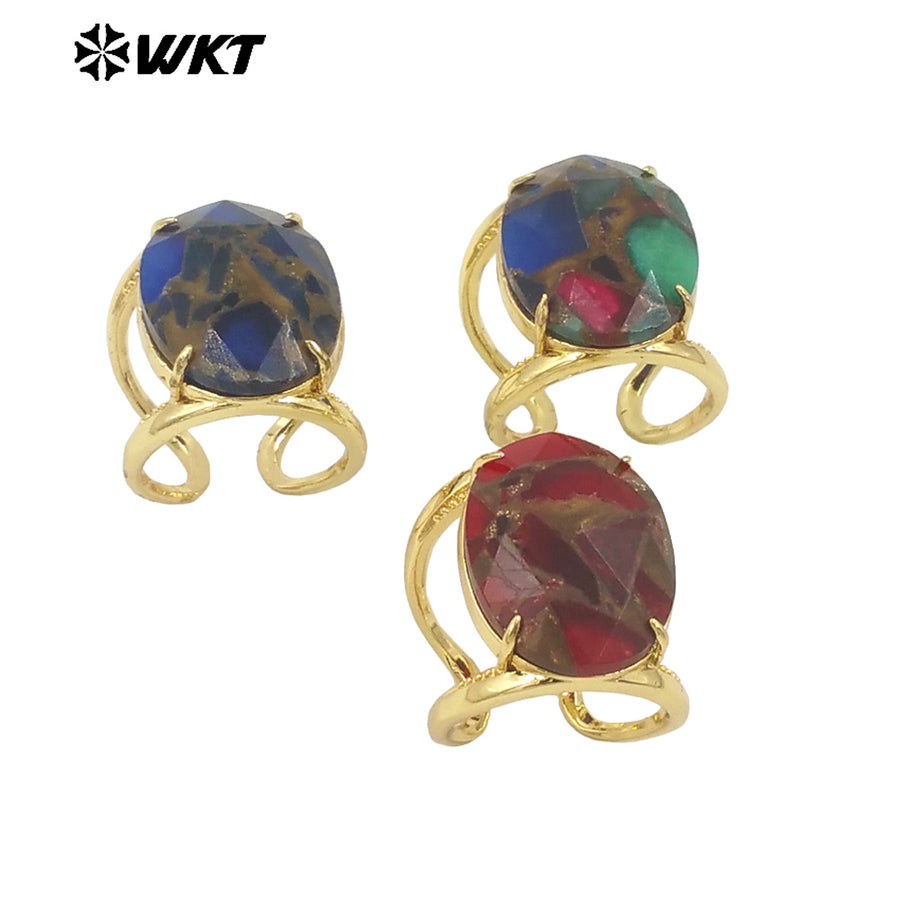 WT-R524 Amazing Rainbow Copper Turquoise 18K Real Gold Plated Resist Tarnishable Women Cocktail Oval Stone Party Ring