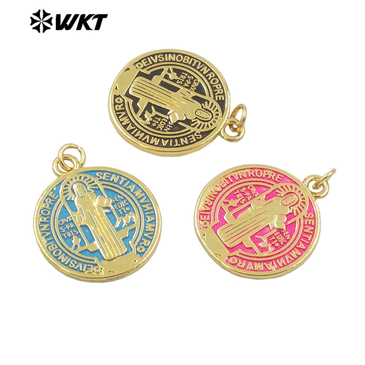 WT-MP294 Unique Spring Design Round 18K Real Gold Plated Brass Medal Christian Religious St Benedict Pendants