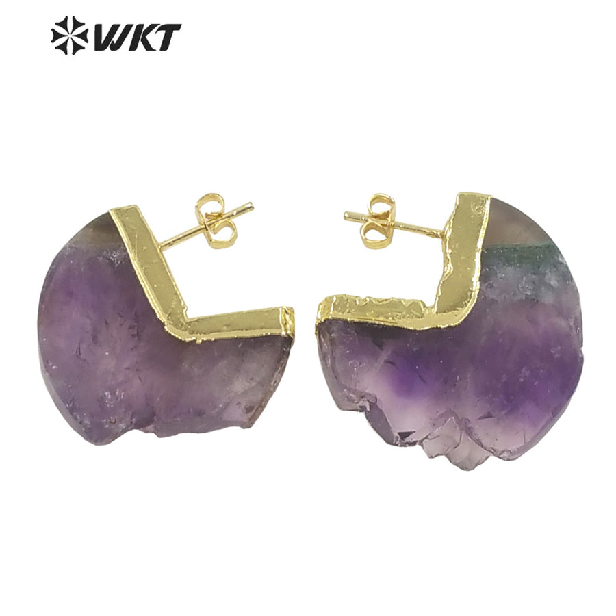 WT-E648 Amazing Fashion Gold Electroplated Moon Shape Slice Amethyst Stone Studs Earrings Women Gorgeous Half Moon Earrings