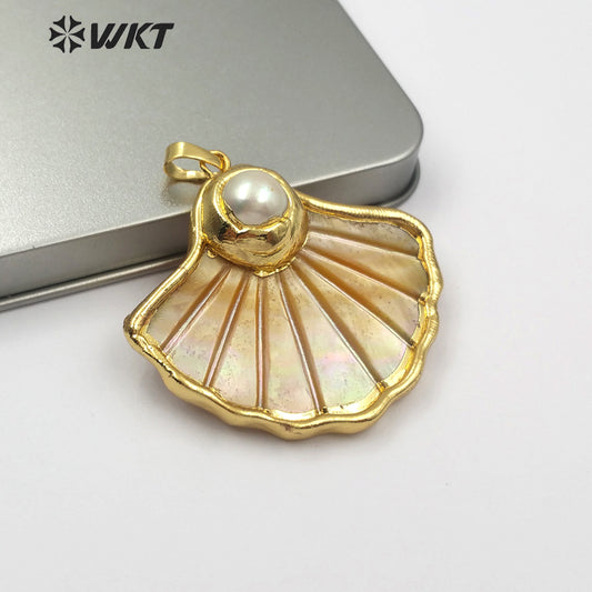 WT-JP101 Gold Scallop Shell Fan-shaped Top with Pearl or Turquoise Embellishment with Two Choices of Gold Plated Shell Pendants