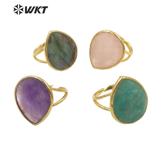 WT-R505 Gorgeous Big Drop Stone Amazonite Tiger Eye and Labradorite 18K Gold Plated Gemstone Women Birthday Ring