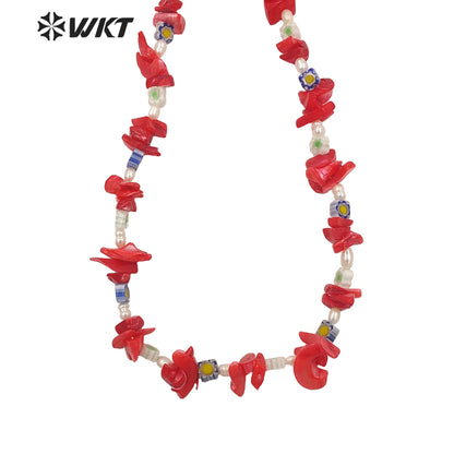 WT-JN186 Natural Red Shell Nugest Beads Necklace Unique Boho Vintage Irregular Enamel Pearl Beads Chocker Necklace