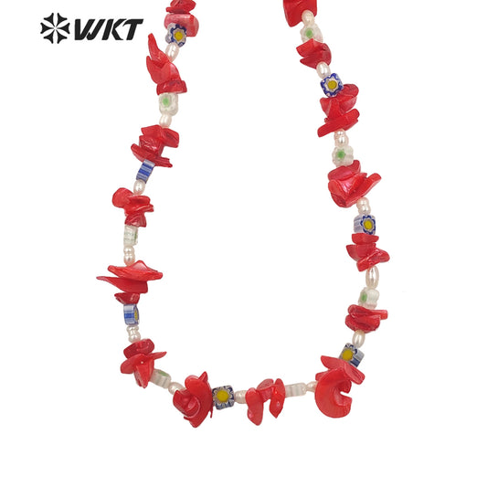 WT-JN186 Natural Red Shell Nugest Beads Necklace Unique Boho Vintage Irregular Enamel Pearl Beads Chocker Necklace
