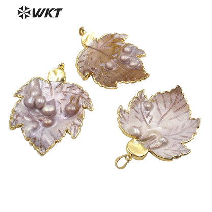 WT-JP192 Fashion Mother of Pearl Leaf Pendant Gold Plated Charm Jewelry Natural Leaf Shape Mother of Pearl Pendant