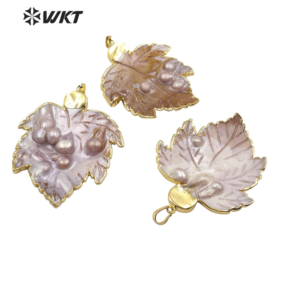 WT-JP192 Fashion Mother of Pearl Leaf Pendant Gold Plated Charm Jewelry Natural Leaf Shape Mother of Pearl Pendant