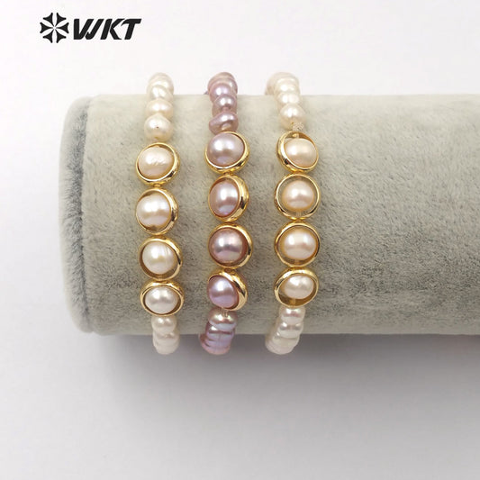 WT-B497 Wholesale Natural Pearl Bracelets Two Color With Gold Electroplated Women Stylish Charm Freshwater Pearl Bracelet
