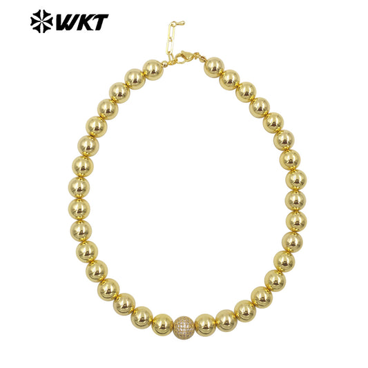 WT-JFN19 Wholesale New Handmade 12MM Big Round Brass Beads Fashion Lady Simple Cool 18k Real Gold Plated Metal Necklace