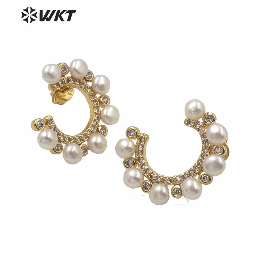 PWT-ME075 Amazing Gorgeous Real Freshwater Pearl C Shape Earrings Studs Fashion Women Crescent Horn Pearl Studs Boutique Quality