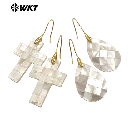 WT-MPE154 Wonderful Wholesale Mother of Pearl Shell Earrings Gold Color Heart Waterdrop Cross Moon Shape Women Birthday Gift