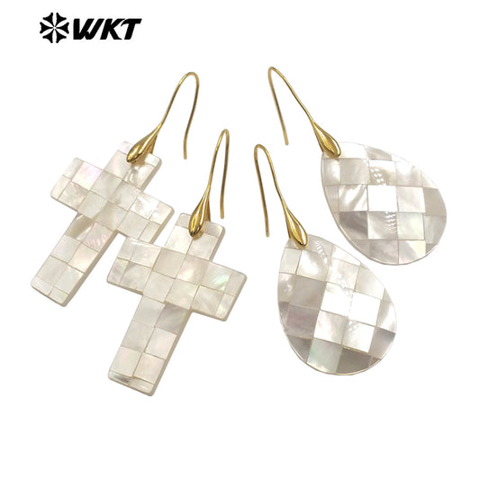 WT-MPE154 Wonderful Wholesale Mother of Pearl Shell Earrings Gold Color Heart Waterdrop Cross Moon Shape Women Birthday Gift