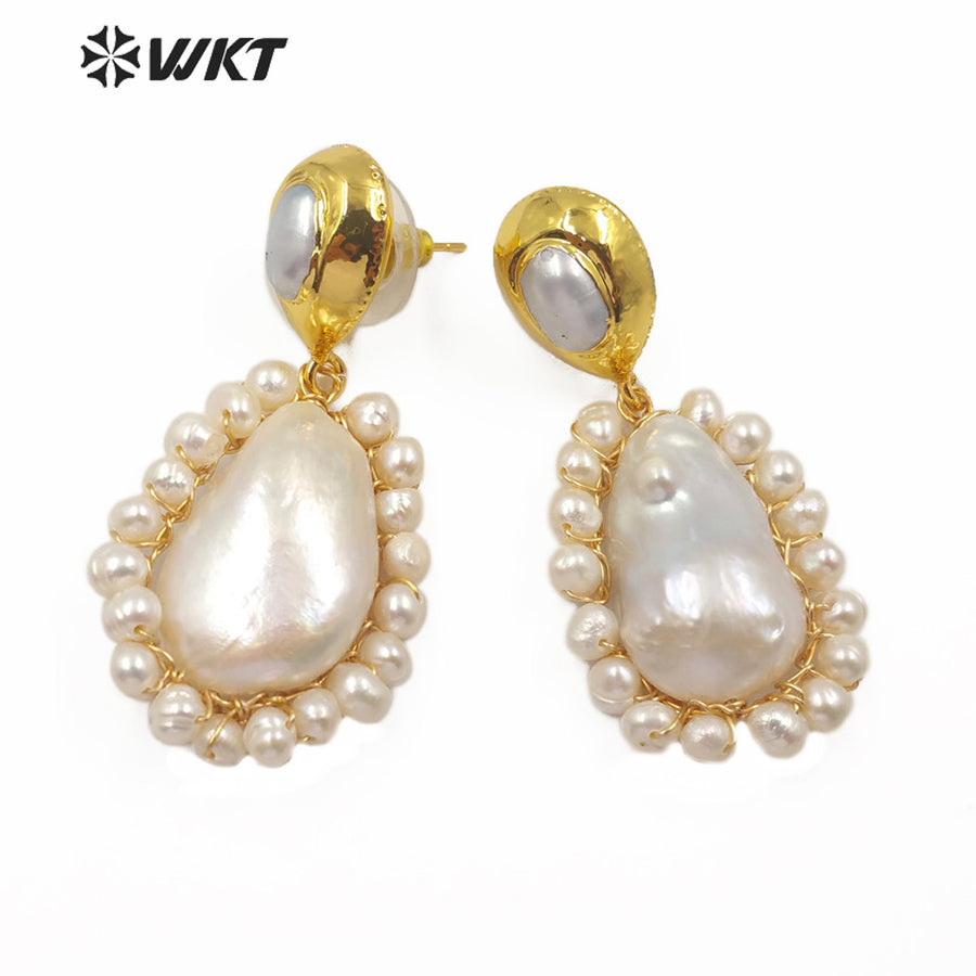 WT-MPE013 Elegant Drop Shape Pearl Earring Women Classic Wire Wrapped Natural Freshwater Pearl Dangle Earring