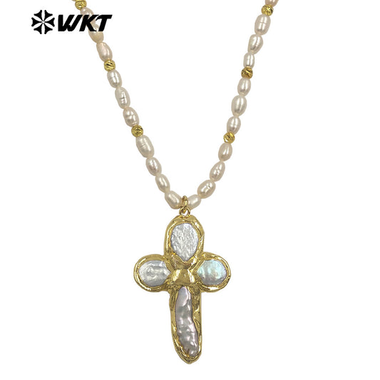 WT-JN370 Good Quality Trendy Gold Electroplated Natural Pearl Chain And Cross Pendant Women Necklace As Elegant Jewelry Gift