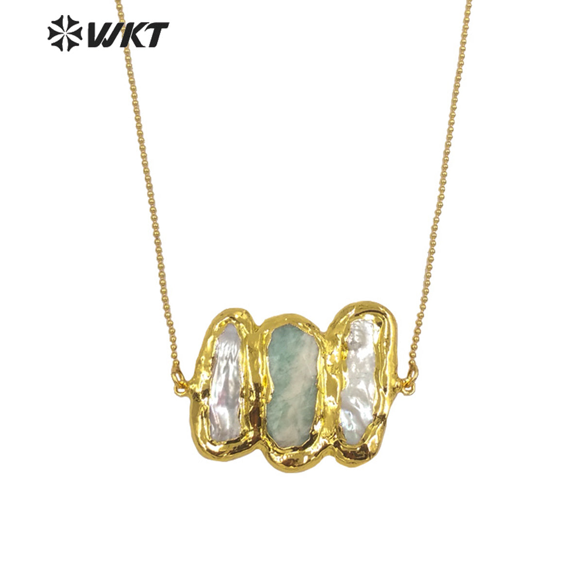 WT-JN136 Wholesale New Triple Stone Statement Necklace 18 Inch Long Gold Pearl and Stone Mix Birthday Gift Women Necklace