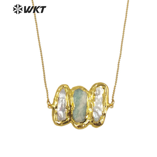 WT-JN136 Wholesale New Triple Stone Statement Necklace 18 Inch Long Gold Pearl and Stone Mix Birthday Gift Women Necklace