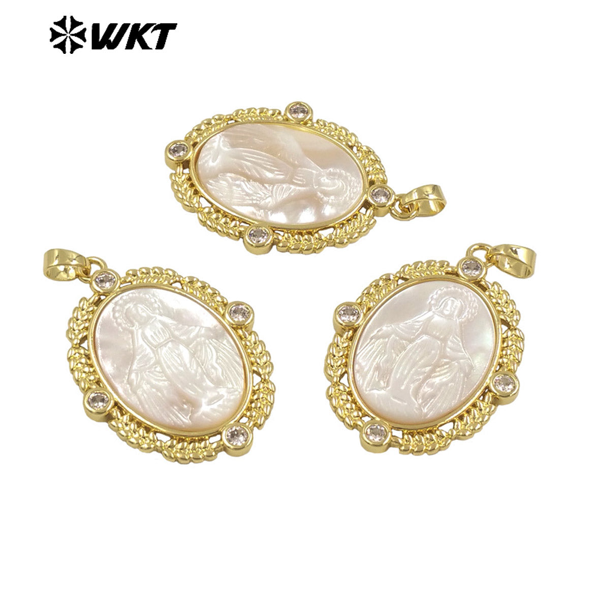 WT-JP368 Wholesale New Arrival Exclusive Fashion Gold Plated Religious Lady of Grace Guadalupe Shell Pendants in Bezel