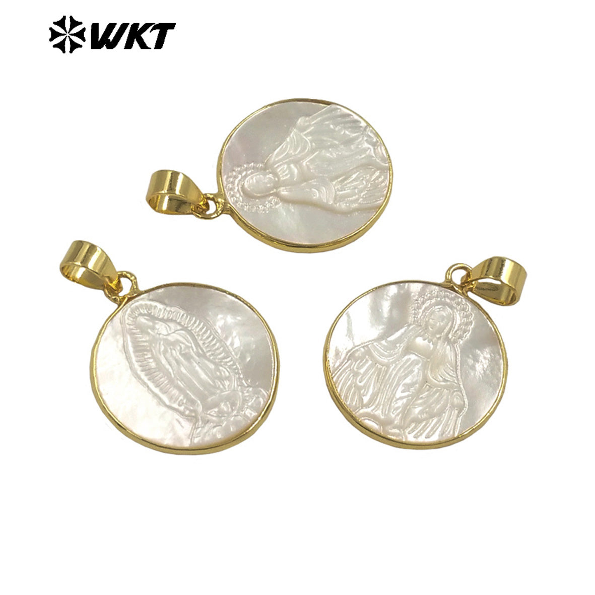 WT-JP042 New Arrival White Shell Virgin Mary Jesus Christ Pattern Round Metal Electroplated for Women Jewelry Shape Pendants
