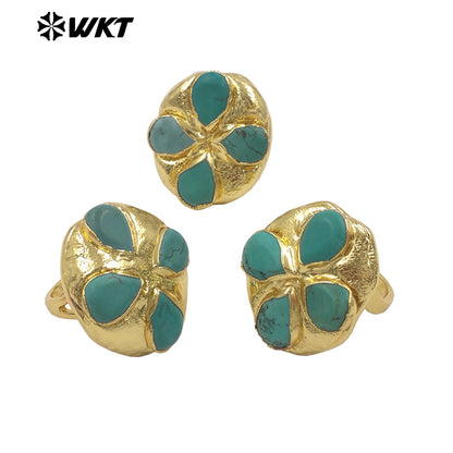 WT-R576 Beautiful Design Gold Electroplated Natural Green Turquoise Stone Flower Shape Rings For Lady Party Decorative Jewelry