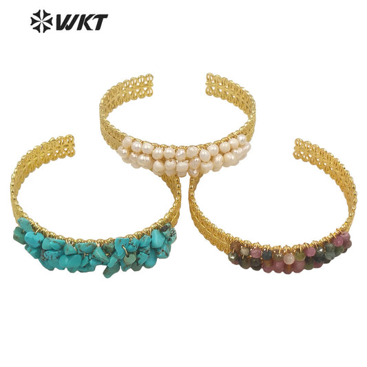 WT-B571 Amazing Tiny Crack Gold Wire Wrapped Stone Bangle Fashion Women Gold Electroplated Tiny Birthday Stone Bangles