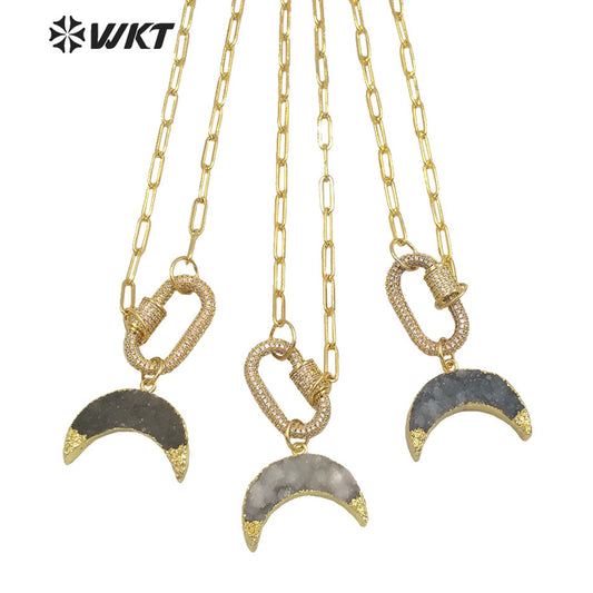 WT-N1302 WKT New Women Natural Druzy Quartz Gold Crescent Horn Pendant Necklace 18K CZ Clasp Connector Stone Crescent Necklace