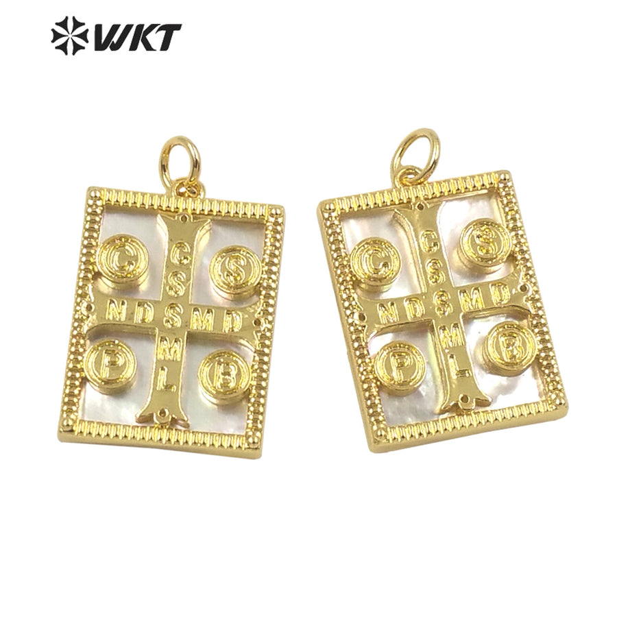 WT-MP207 Amazing WKT Fashion Real Gold Plated Religious Micro Pave Cross Pendant Lady Small Diamond Pave Shell Pendant
