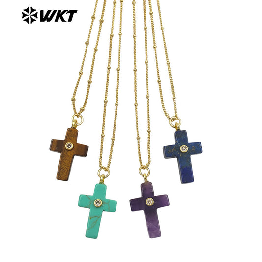 WT-N1533 Popular Sale Gold Chain With Colorful Natural Gemstones Cross Shape Charms Necklaces As Women Daily Wearing Jewelry