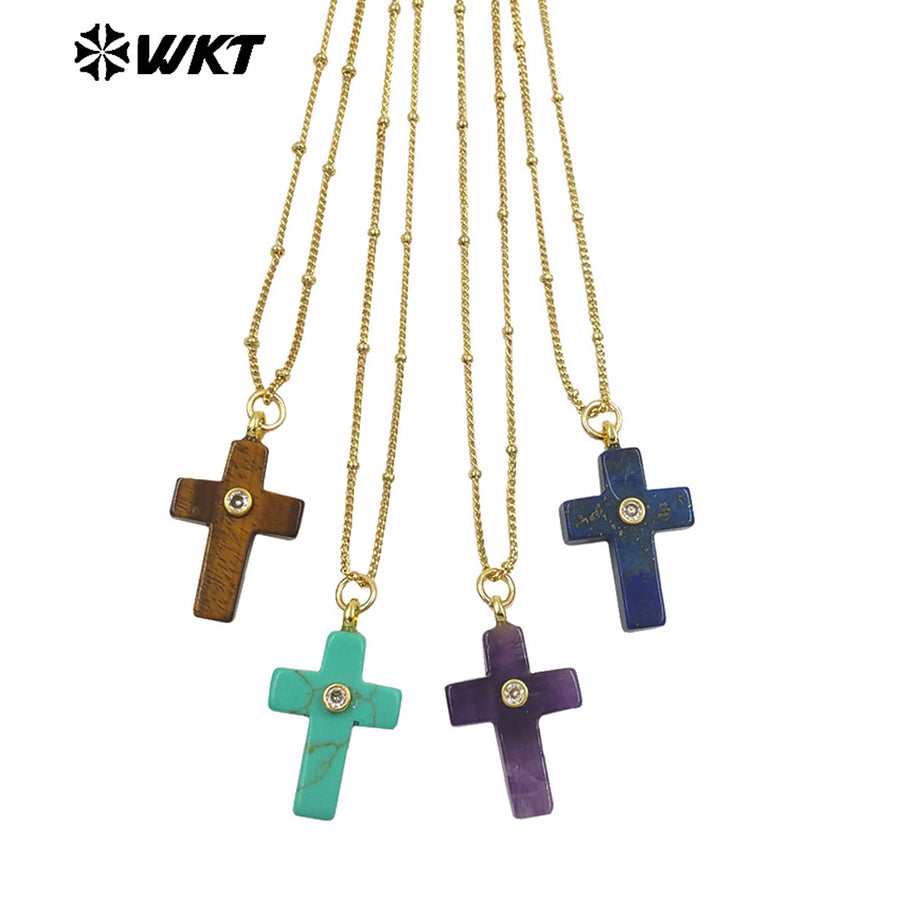 WT-N1533 Popular Sale Gold Chain With Colorful Natural Gemstones Cross Shape Charms Necklaces As Women Daily Wearing Jewelry