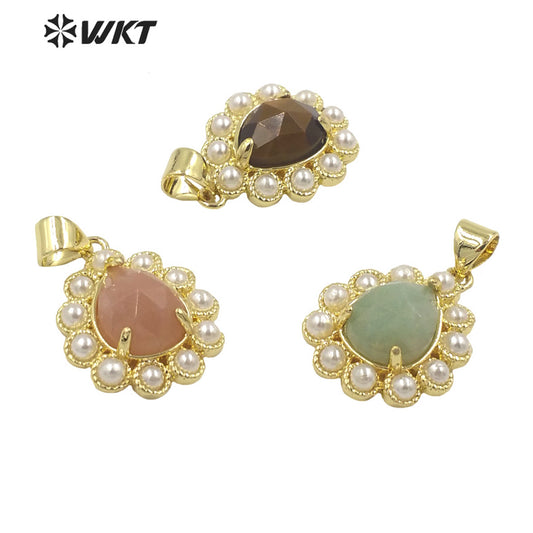 WT-JP359 New Fashion Gold Tiny Drop Charming Gold Plated Natural Gemstone Pendants With Different Stone Setting