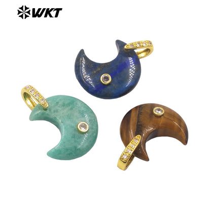WT-P2112 Factory Wholesale Various Natural Gemstones And Zircon Moon Shape Gold Pendants As Lady Sweet Earrings Findings