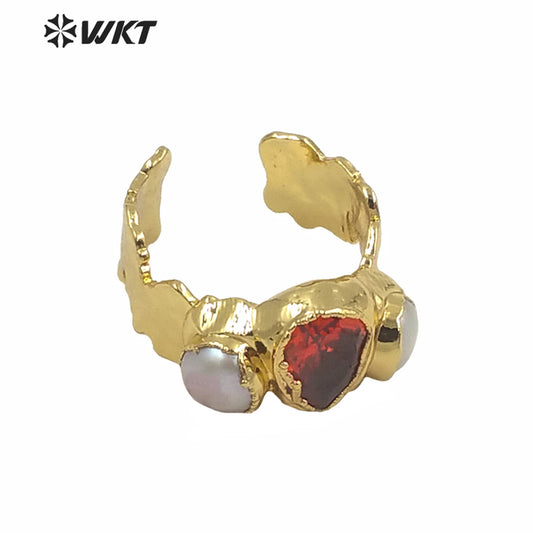 WT-MPR011 WKT Exclusive Gorgeous Natural Pearl CZ Stone Cocktail Ring Women Fashion Gold Electroplated Irregular Lava Stone Ring