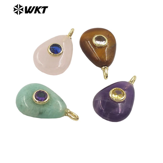 WT-P2026 Good Quality Set In Zircon Waterdrop Shape Multi Colors Natural Gemstones Amethyst Smooth Pendant For Romantic Gift DIY