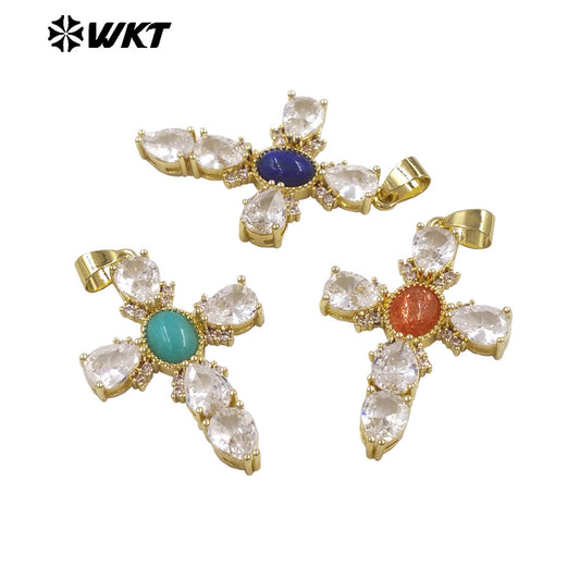 WT-MP320 New Arrival 18K Gold Plated Natural Stones And Zircon Cross Pendants For Lady Trendy Necklace DIY Accessories