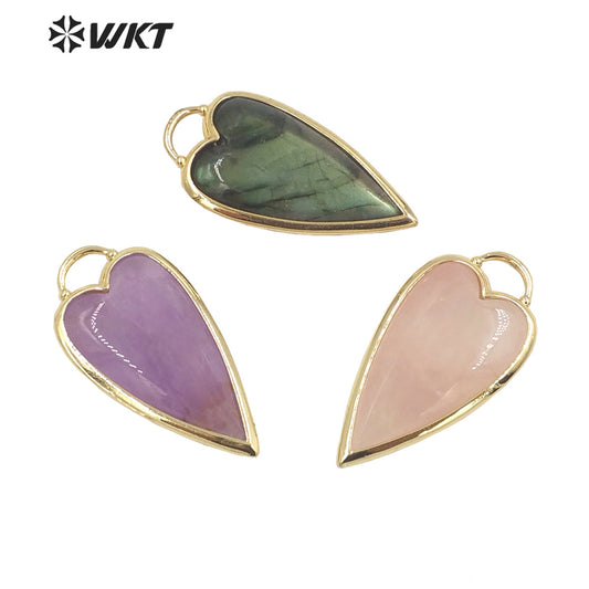 WT-P1862 Exclusive Design Long Heart Stone Pendant 18k Real Gold Plated Natural Faceted Arrowhead Heart Amethyst Pendant